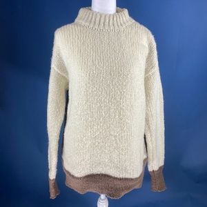 Cream and Brown Mock Neck Oversized Sweater - S